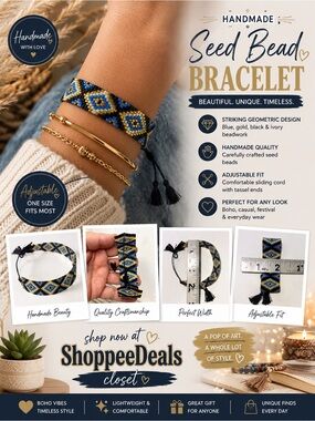 Handmade Seed Bead Friendship Bracelet | Blue, Gold & Black Geometric Pattern